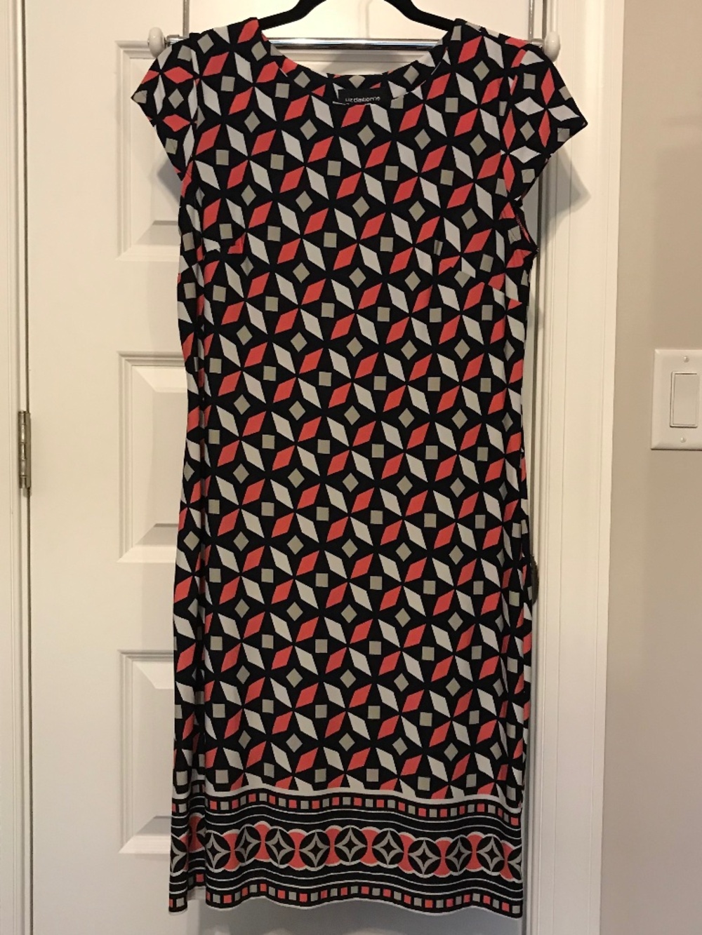 LOFT sleeveless round neck slip on navy blue midi dress with geometric print (S)